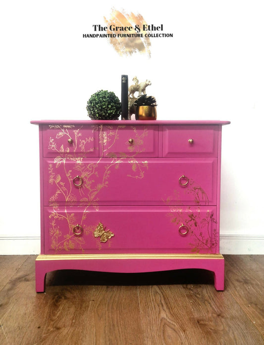Pink song bird stag chest of drawers