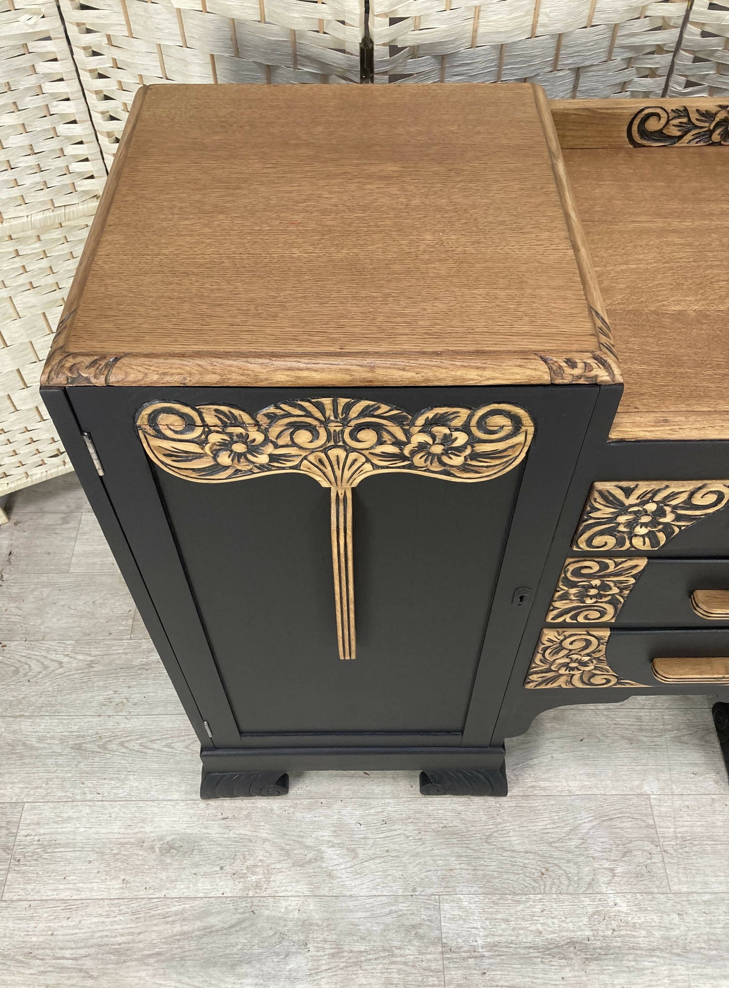 Art Deco Carved Sideboard/Buffet in Oak and Black