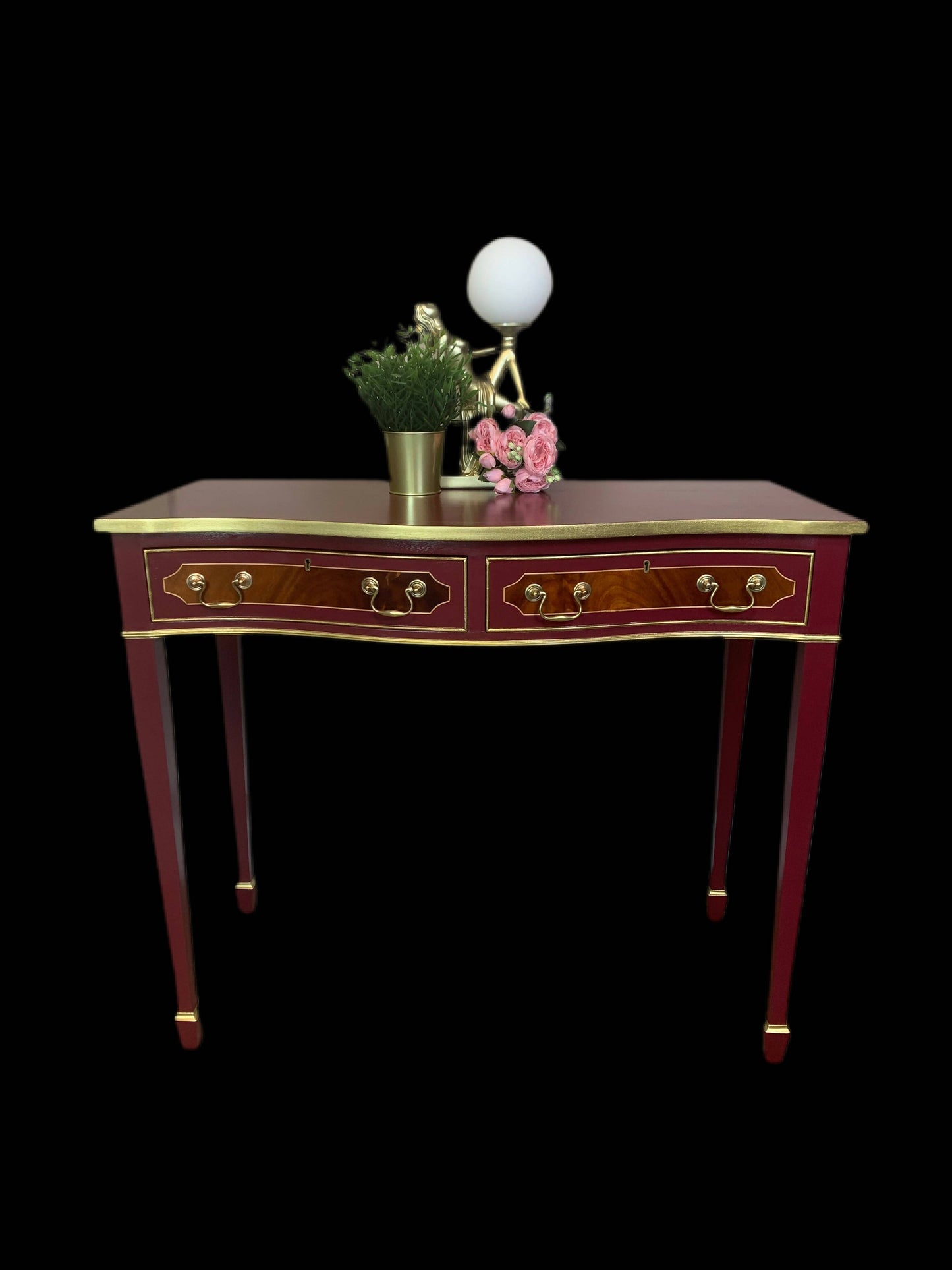 Hand painted Writing desk, Hall table, Console table with 2 curved drawers in Burgundy & Gold colour