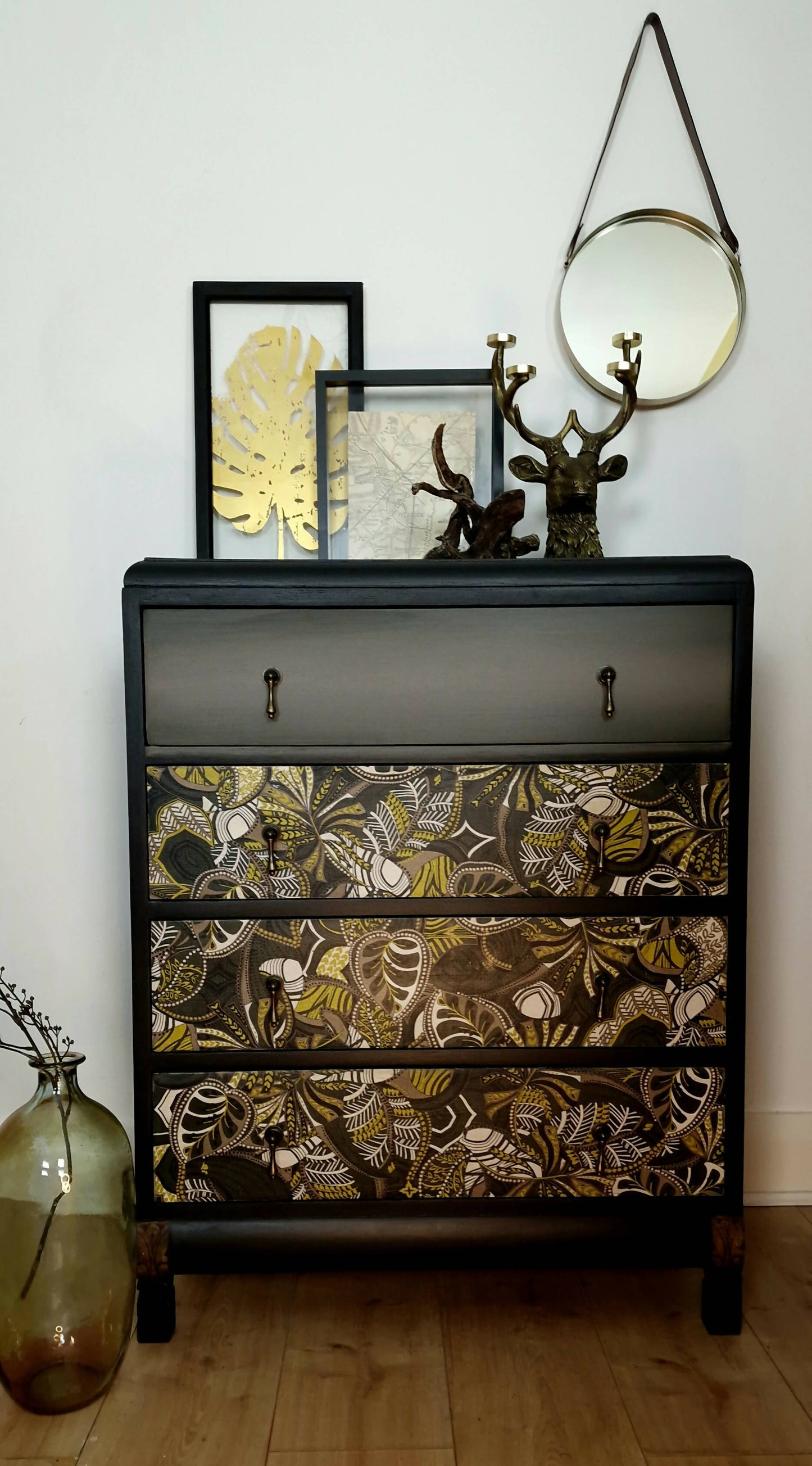 *Sold* Bespoke Modern Vintage Chest of Drawers Hand painted, Fabric Decoupage Black and Mustard