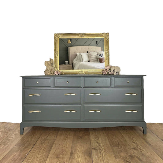 SOLD commissions available Refurbished Vintage Stag Minstrel Captains chest, large chest of drawers, mid century modern, olive green and gold, hand painted