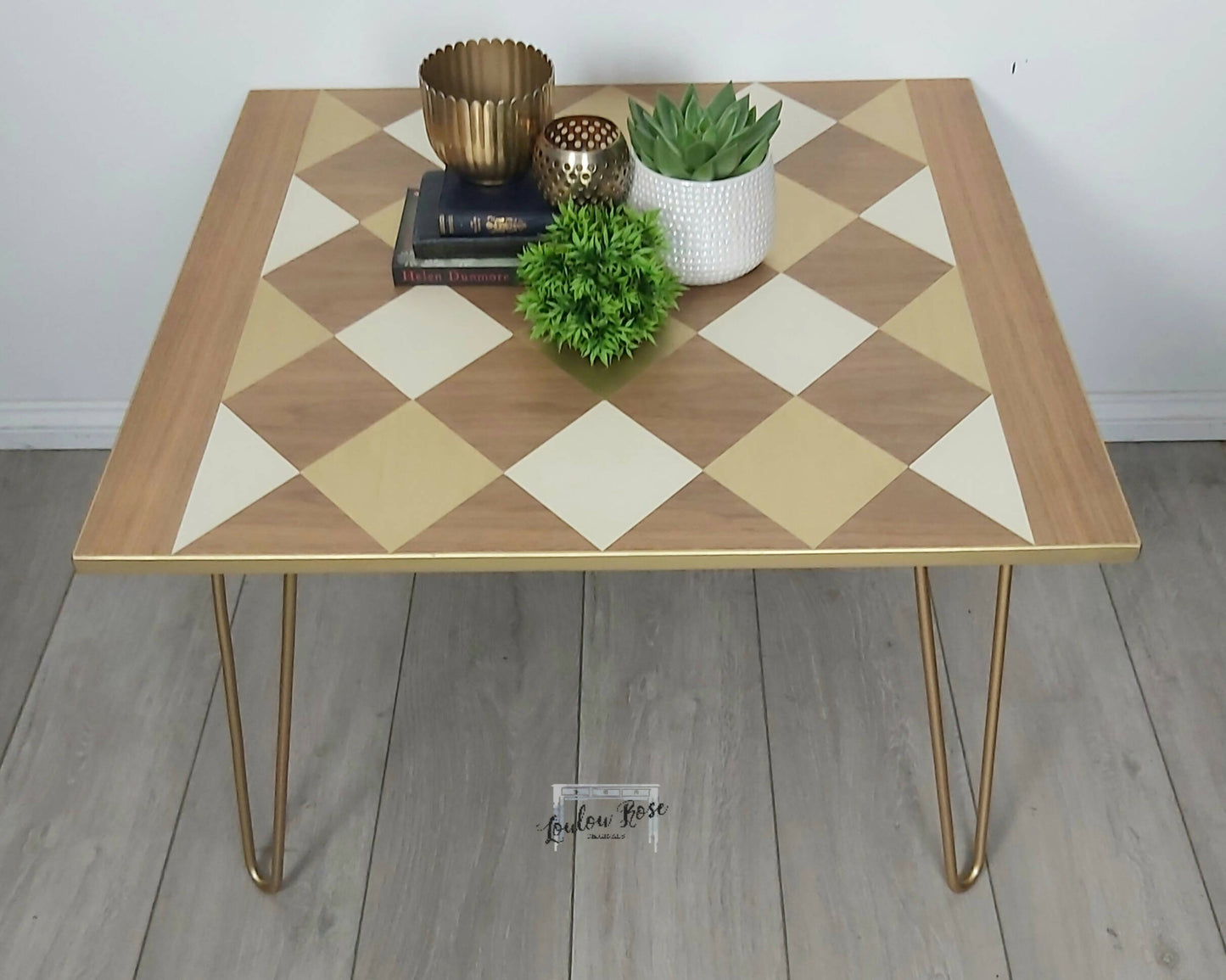 Coffee Table, Side Table in Cream and Gold with Hairpin Legs