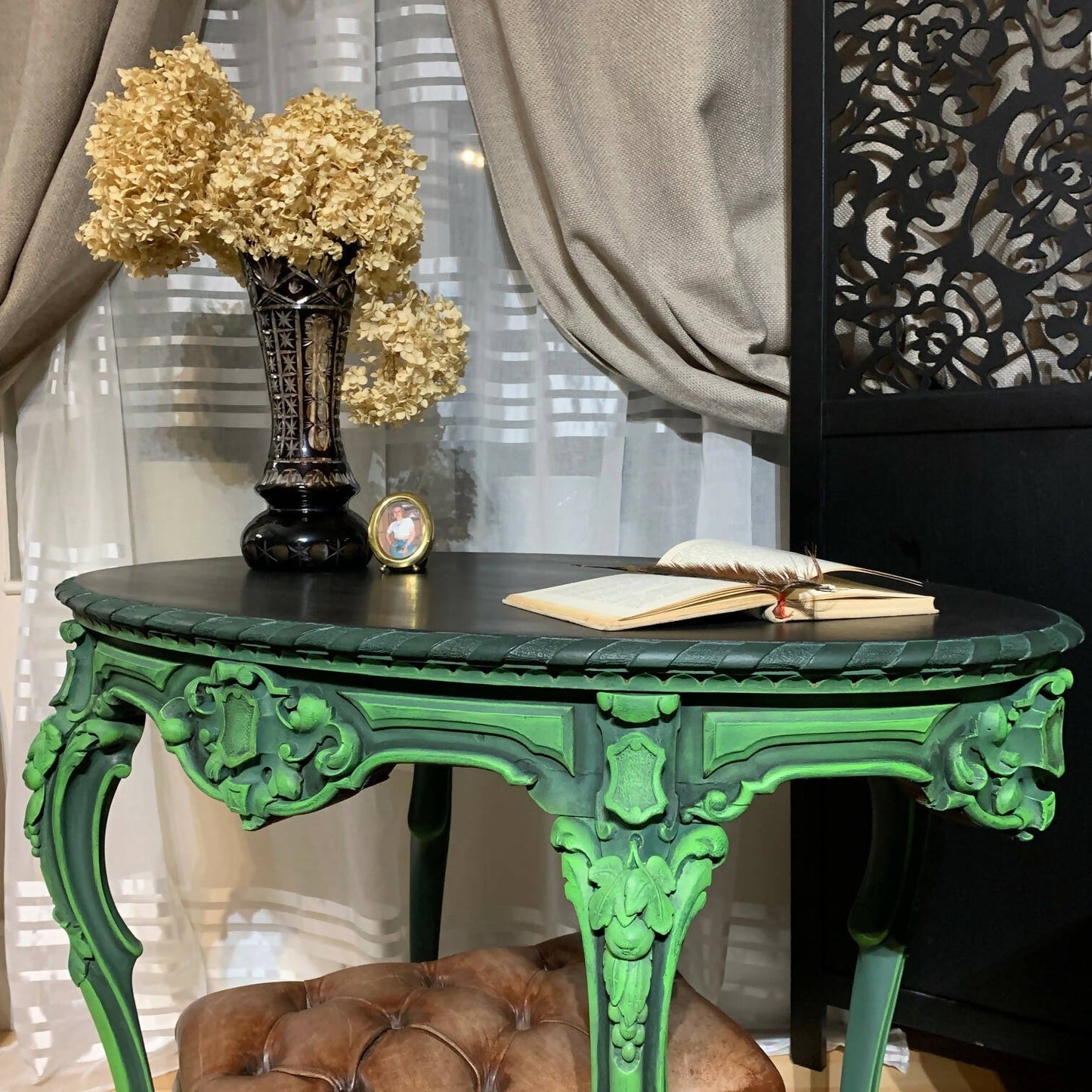 French Antique Occasional Table Oval Table Ornate Carvings Green and Black