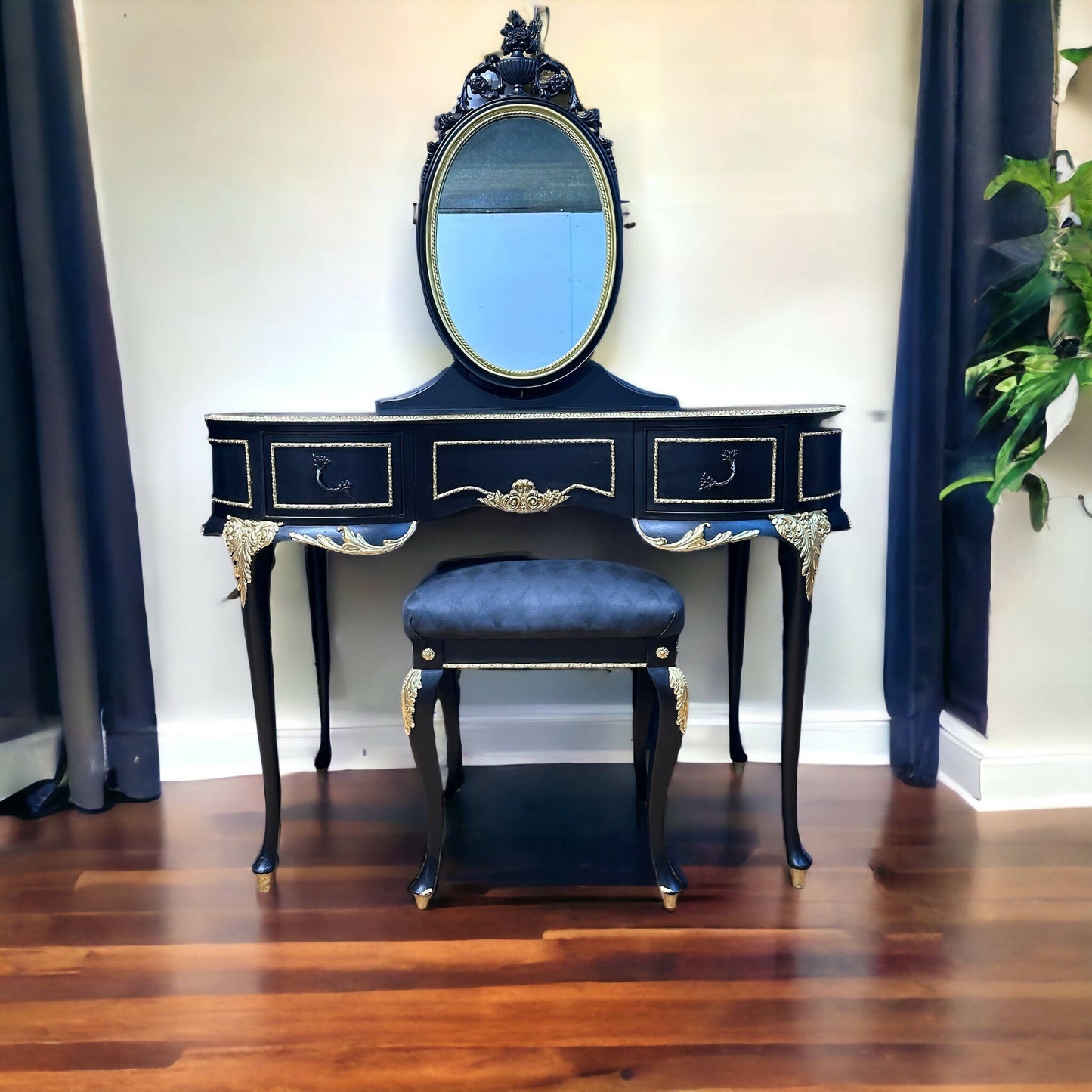 **This Item is Sold** Olympus dressing table and vintage stool. French Louis style in luxurious black with gold leaf and harlequin detail.