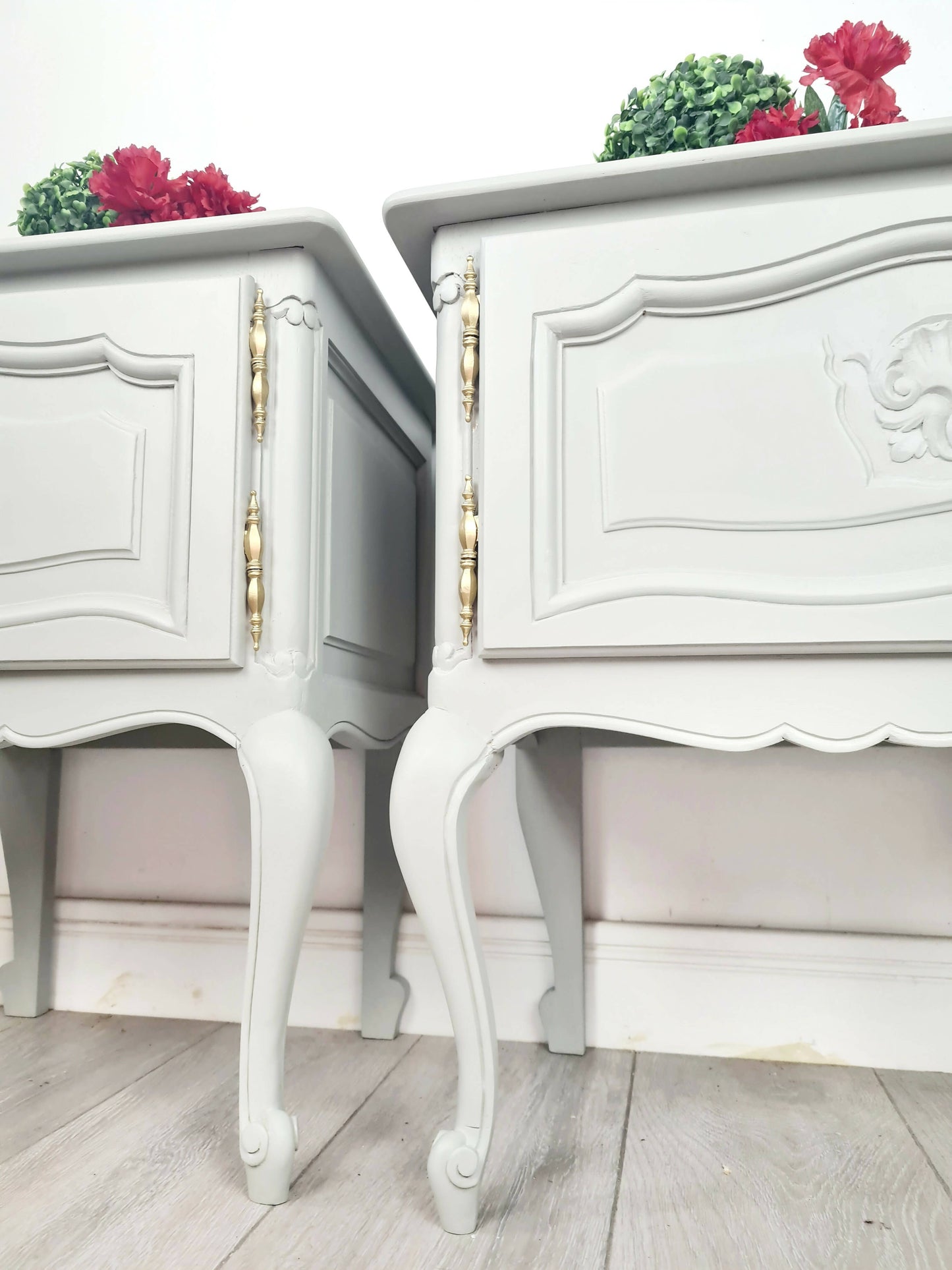 Two White Oak Carved Bedside Cabinets