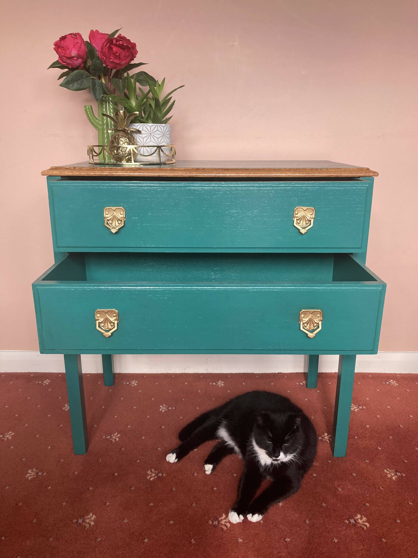 Upcycled vintage chest of drawers in turquoise with Lemur print lining