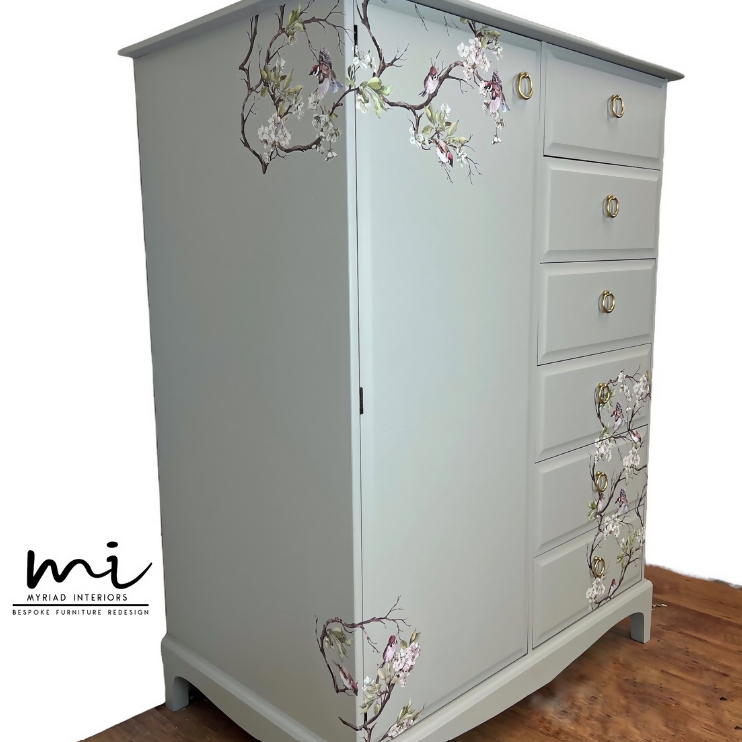 Refurbished pretty Stag Minstrel wardrobe, gentleman’s, pale sage green, eucalyptus, dresser, chest of drawers - SOLD commissions available