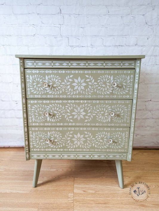 Faux Bone Inlay Stencil Hand-Painted Vintage Chest of Drawers, Pearlescent MADE TO ORDER