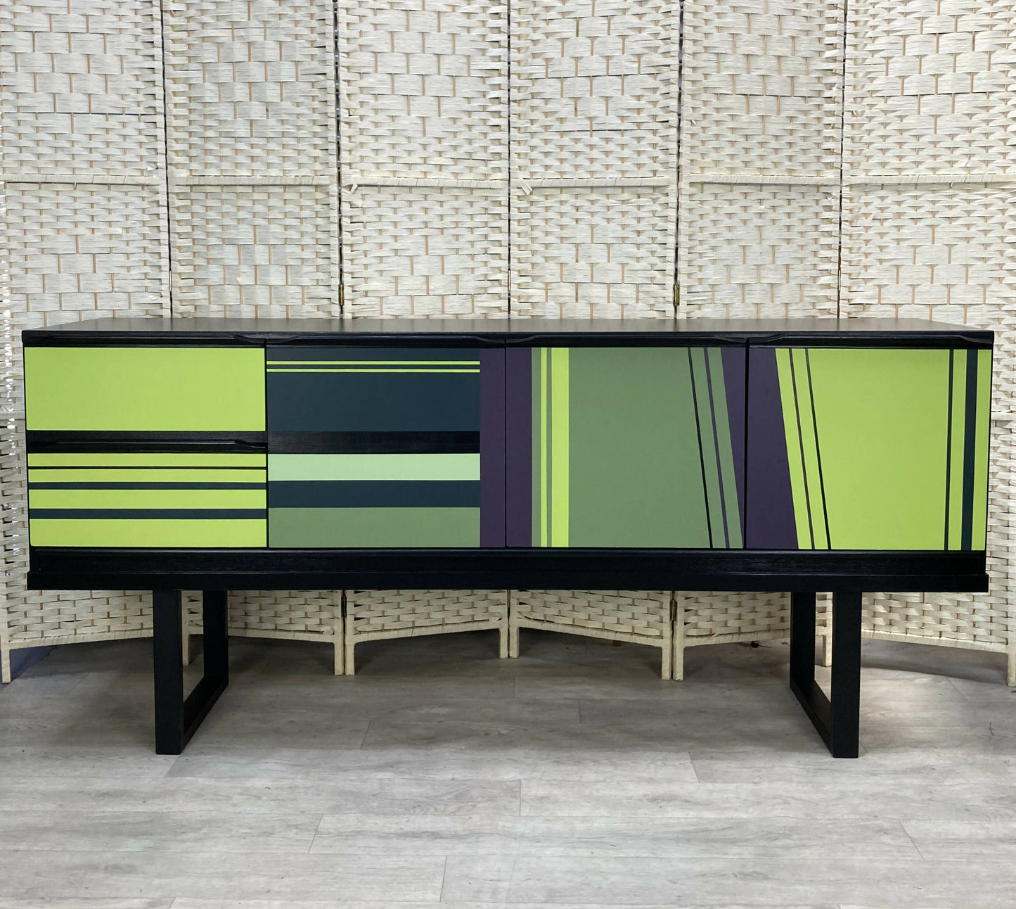 Spacious and restyled extra large Mid Century Modern sideboard. Hand painted in black, purple and greens