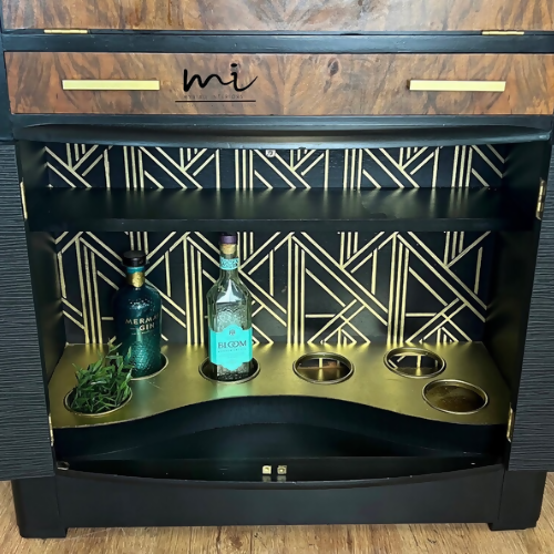 Refurbished Art Deco cocktail cabinet, walnut drinks cabinet, black and gold, gin bar