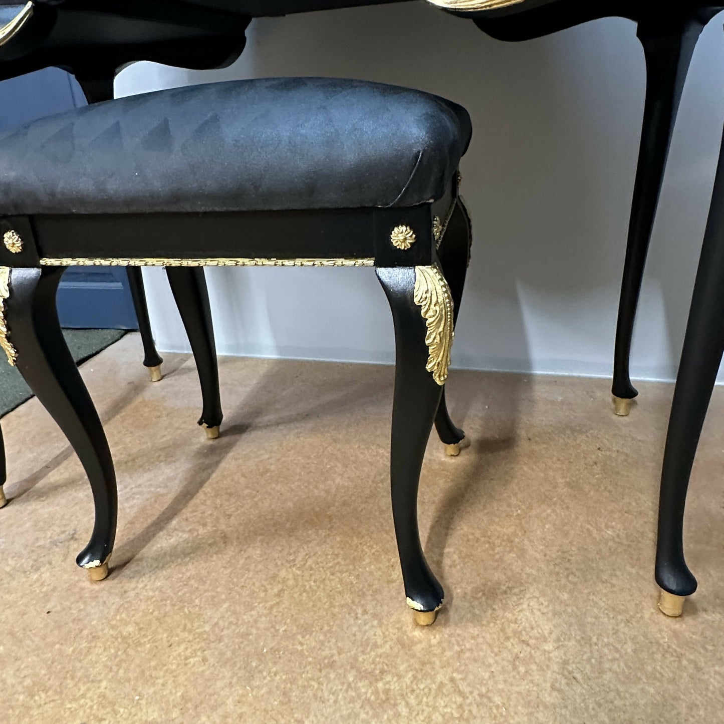 **This Item is Sold** Olympus dressing table and vintage stool. French Louis style in luxurious black with gold leaf and harlequin detail.