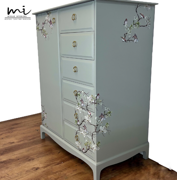 Refurbished pretty Stag Minstrel wardrobe, gentleman’s, pale sage green, eucalyptus, dresser, chest of drawers - SOLD commissions available