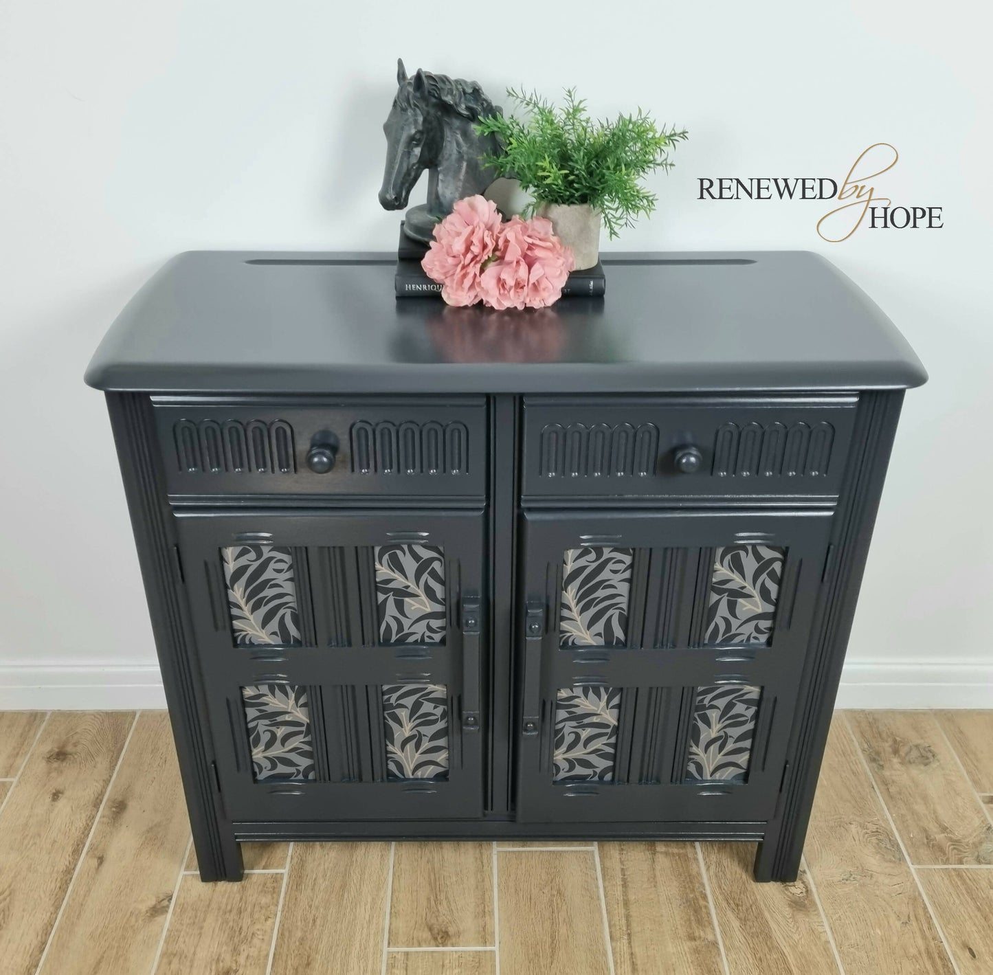 Off Black Sideboard, Decoupaged with Morris paper, Priory Sideboard, Storage MADE TO ORDER