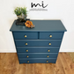 Solid pine deep teal chest of drawers, gold handles, decoupaged, blue, refurbished, upcycled, dresser, storage, sideboard, wood - commissions available