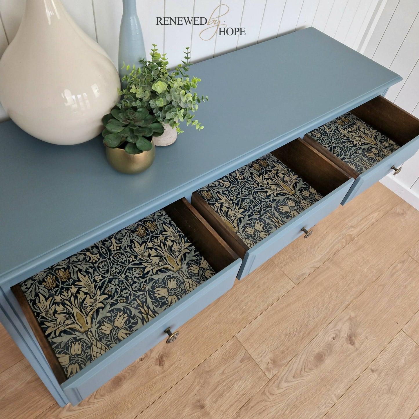 Dusky Blue Antique Panelled Oak Sideboard, with raised pattern detail.