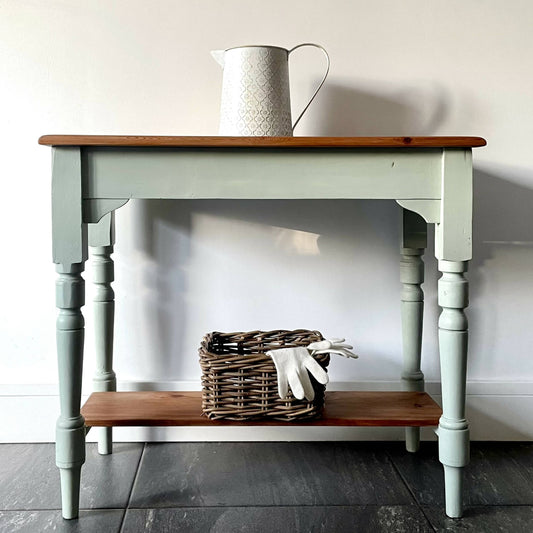 Victorian country pine hall table green, rustic farmhouse console table with shelf, vintage washstand