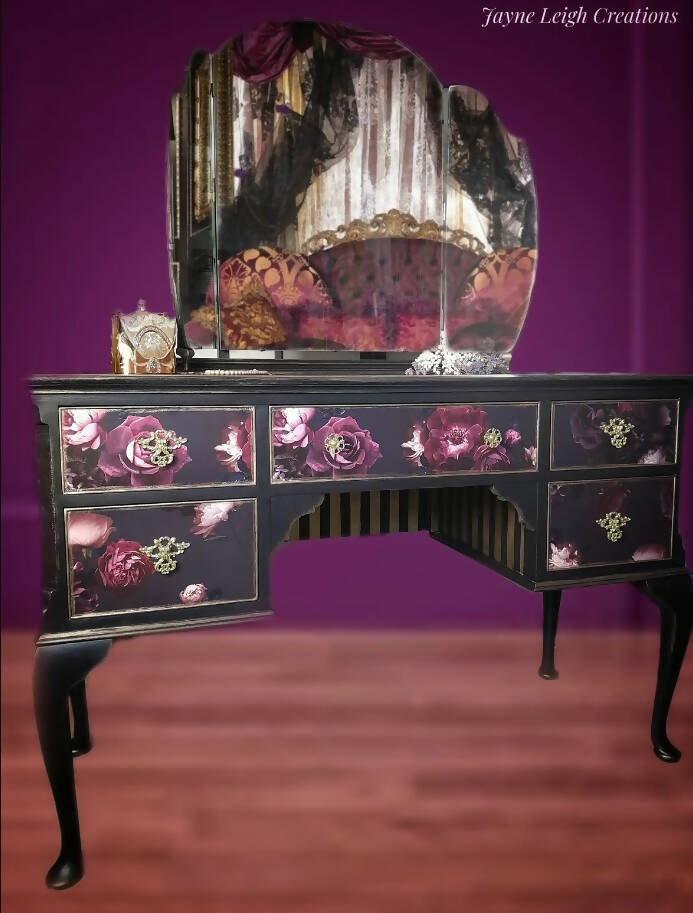 SOLD Black Floral Vintage Dressing Table