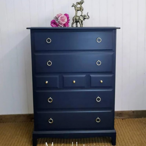 Vintage Stag Minstrel Navy Blue Tallboy Chest of Drawers