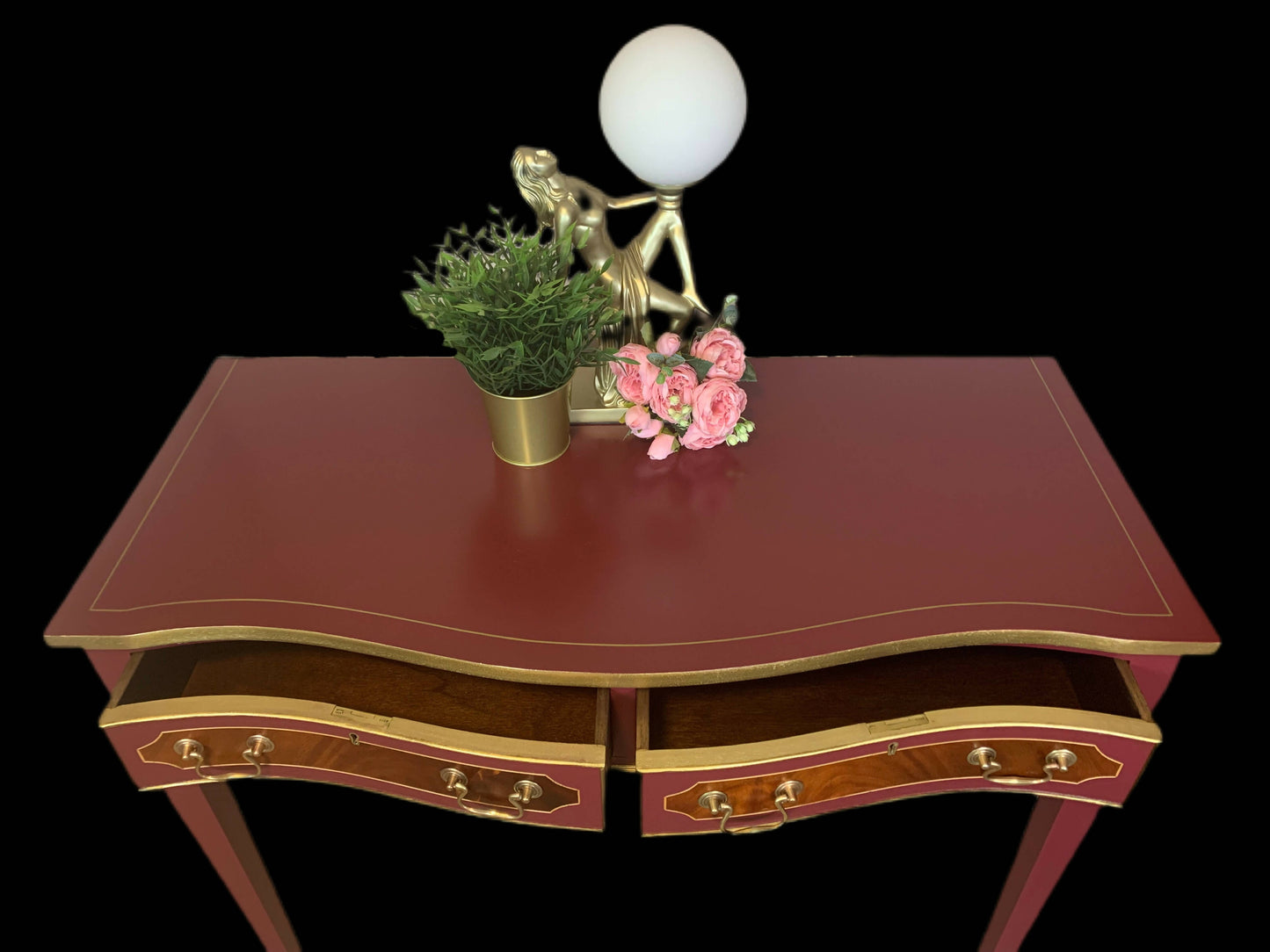 Hand painted Writing desk, Hall table, Console table with 2 curved drawers in Burgundy & Gold colour