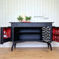 Black Mid Century Modern Beautility Sideboard. Bold geometric design. Upcycled Drinks Cabinet.