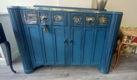 Vintage Oak Ornate Sideboard Painted Upcycled Teal and Gold