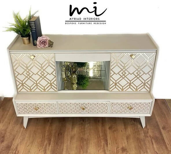 SOLD commissions available Vintage Neutral and gold Sideboard, Cocktail Cabinet, art deco drinks cabinet, retro highboard,