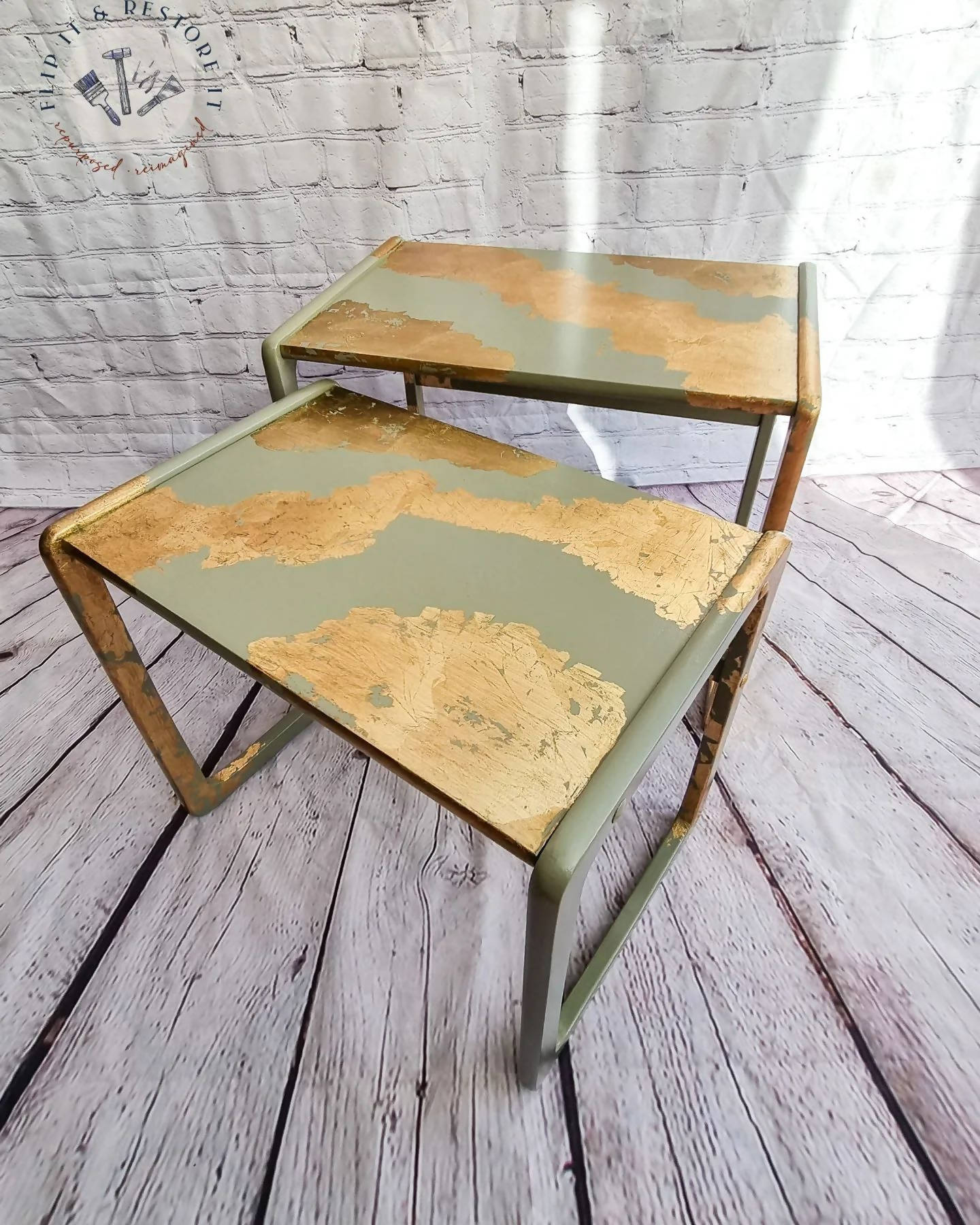 Vintage G-Plan Style Mid-Century Nest of Two Tables, Gold Leaf, Statement, Side Tables, Living Room Tables - MADE TO ORDER