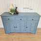 Dusky Blue Antique Panelled Oak Sideboard, with raised pattern detail.