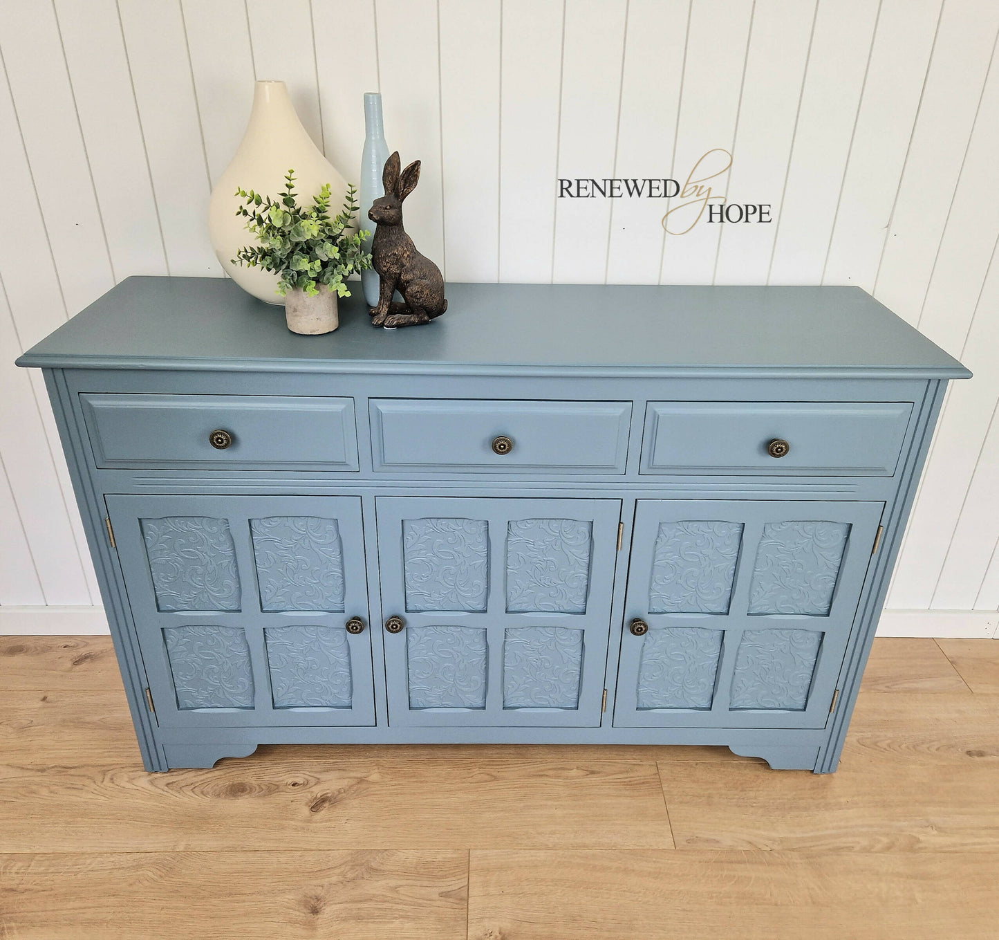 Dusky Blue Antique Panelled Oak Sideboard, with raised pattern detail.