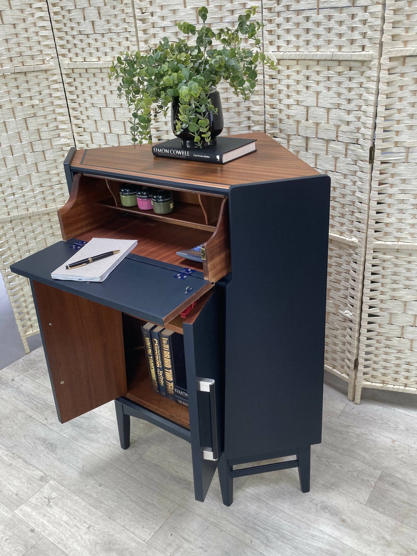 Retro Nathan Corner Bureau, Mid Century Modern, Hand Painted in Dark Blue - Nathan