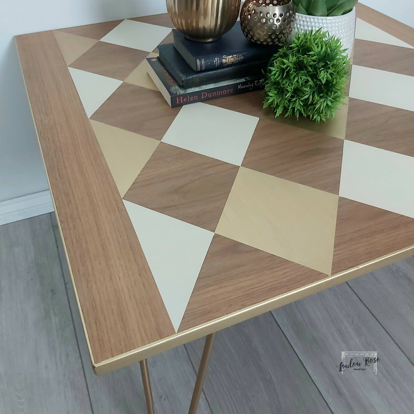 Coffee Table, Side Table in Cream and Gold with Hairpin Legs