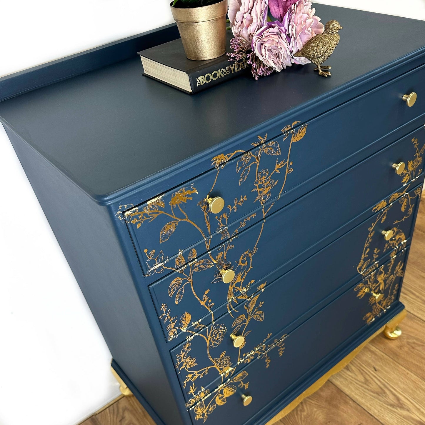 Pretty Refurbished vintage chest of drawers, navy blue with gold foil design