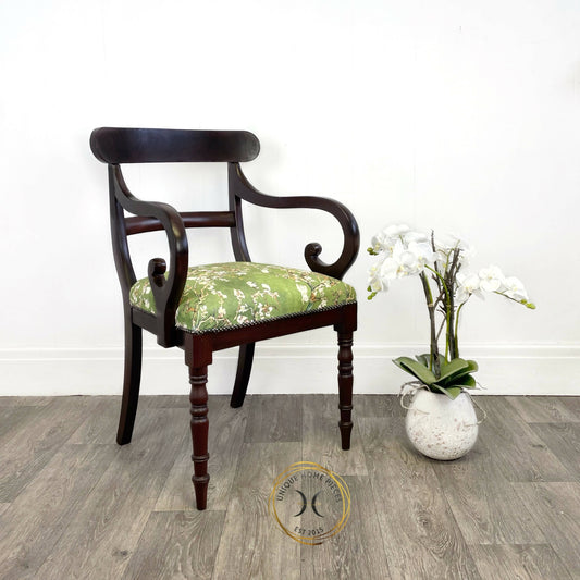 Antique Regency Mahogany Scroll Arm Desk Chair with Green Velvet Seating