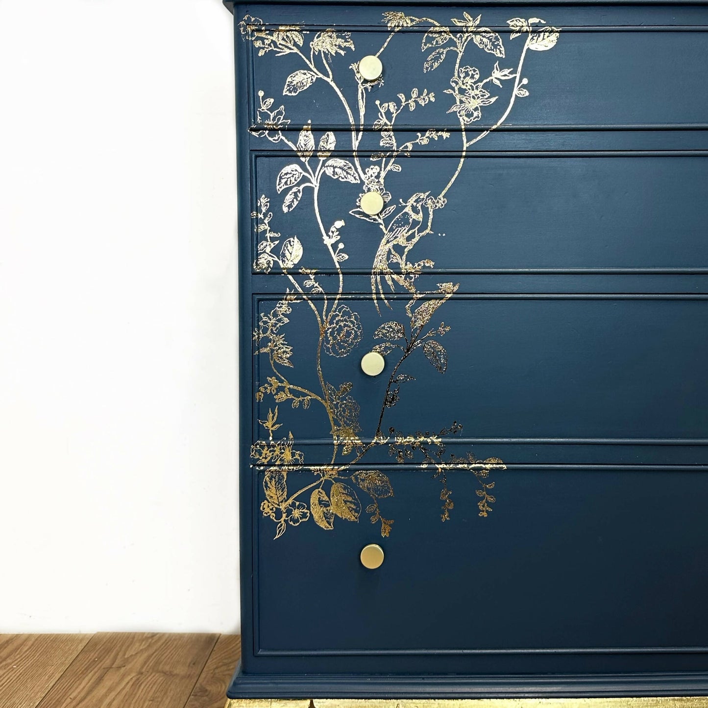 Pretty Refurbished vintage chest of drawers, navy blue with gold foil design