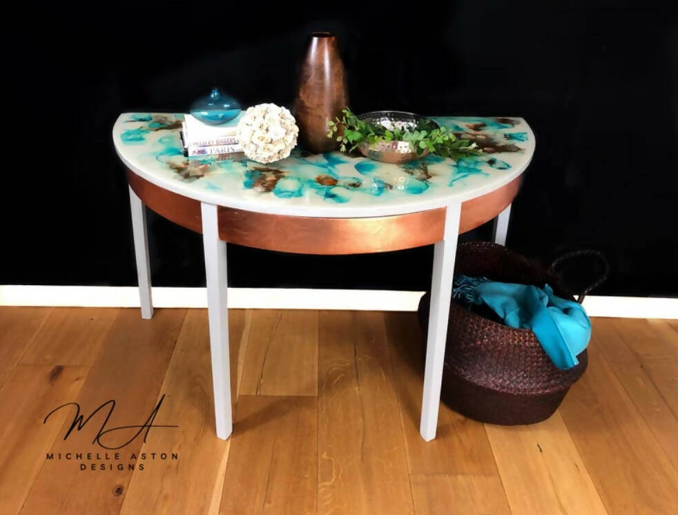 Ink and Resin console,Demi Lune pier table,Dressing table with Copper drawer