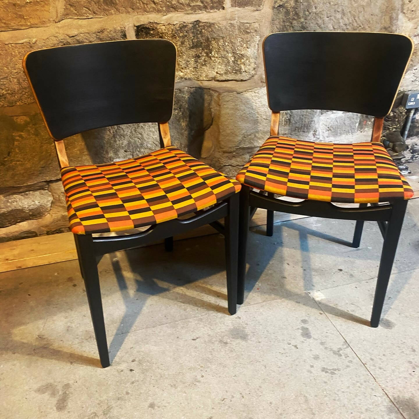 Vintage Beautility Dining Chairs Upholstered In London Transport Fabric