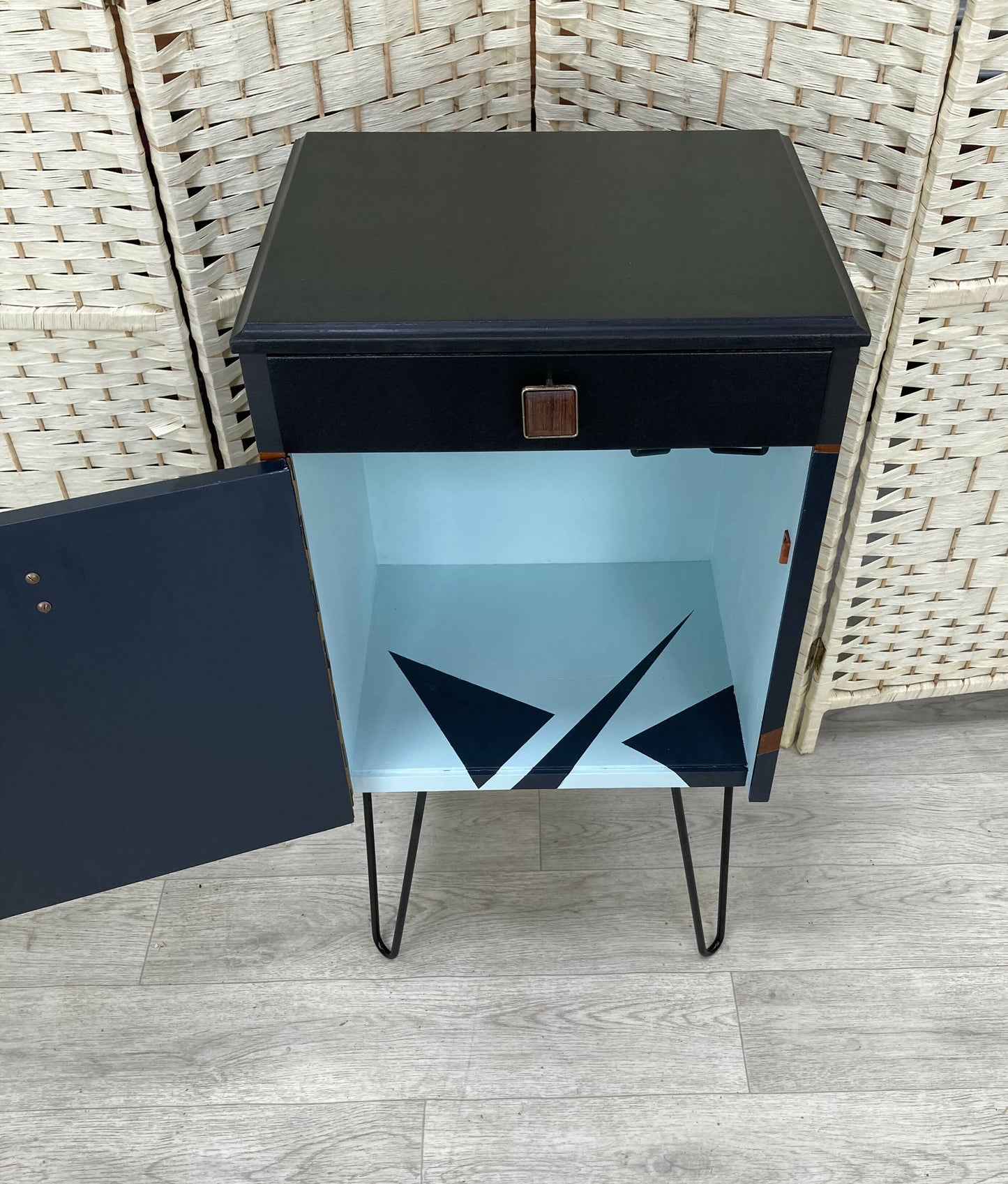 SOLD! Small Harris Lebus drinks cabinet in teak, black, blue and grey.