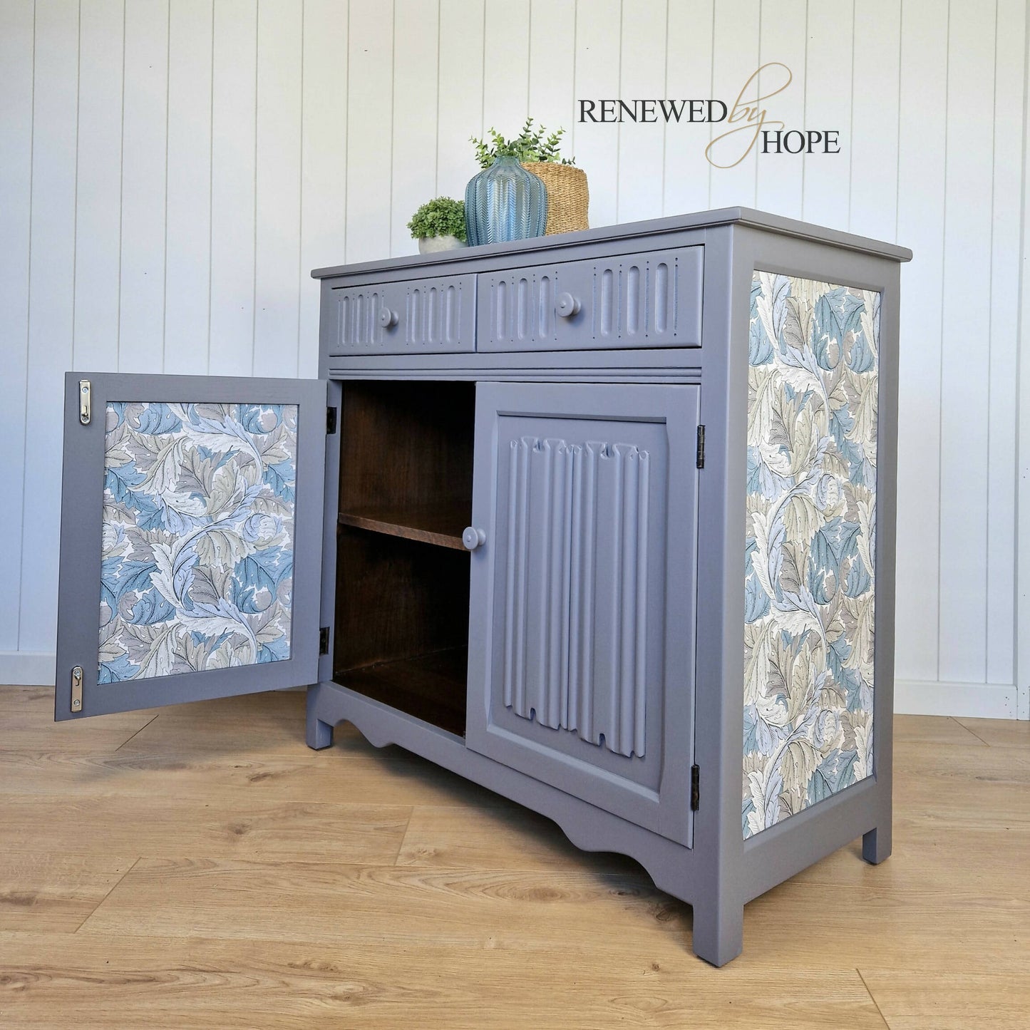 Grey Linenfold Sideboard with Morris Acanthus Wallpaper, Storage, Grey Cupboard