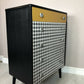 Retro Mid Century Chest of 5 drawers, Hand painted in black satin with Dogtooth pattern decoupage