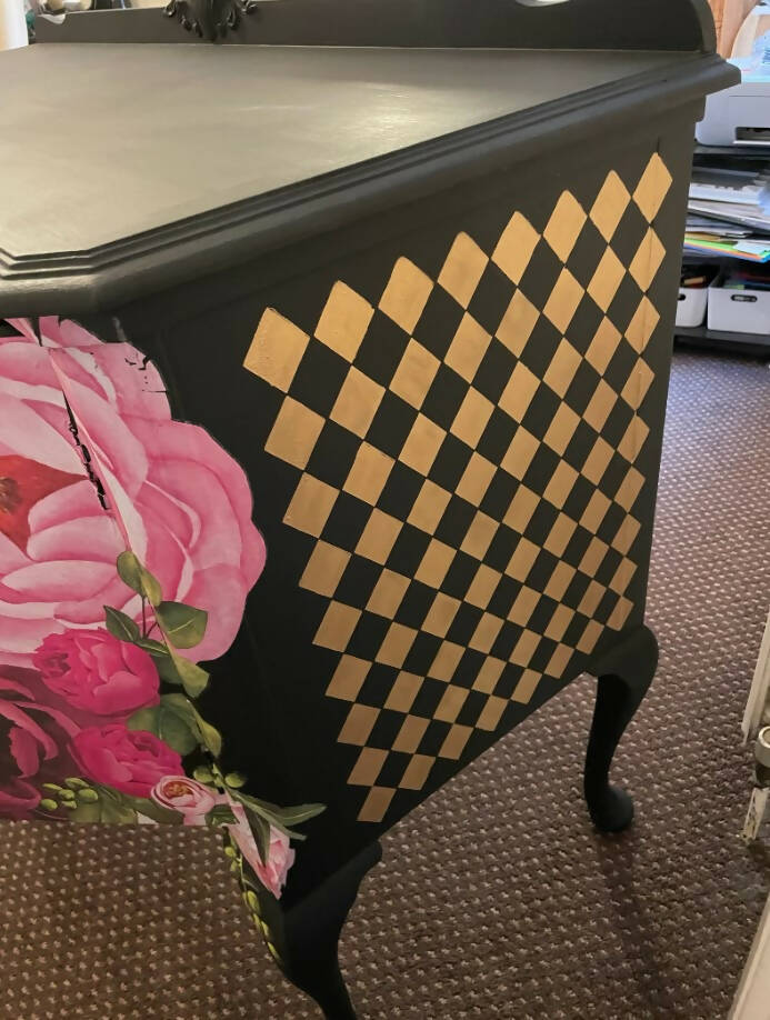 SOLD SOLD Black and Pink Floral Dressing Table / Sideboard