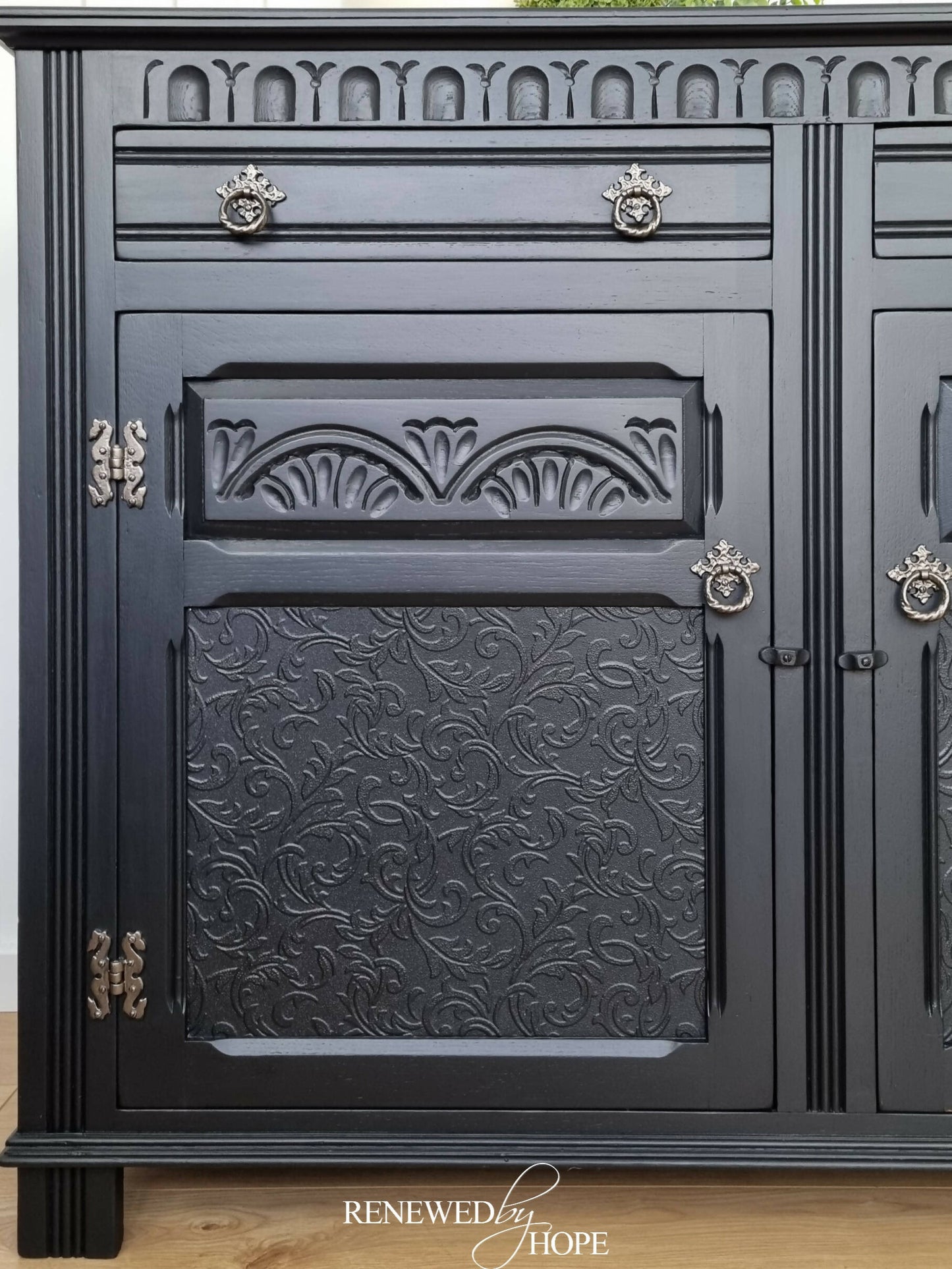 MADE TO ORDER - Black Old Charm style sideboard with raised pattern detail.