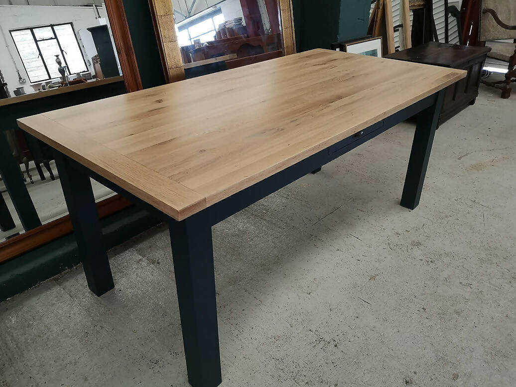 MODERN OAK DINING TABLE WITH BLUE PAINTED LEGS