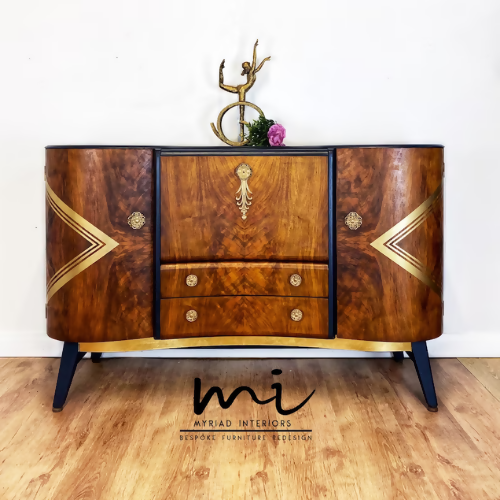 Refurbished vintage Beautility cocktail cabinet, Art Deco, hand painted, drinks cabinet, gin bar, burr walnut - commissions available -