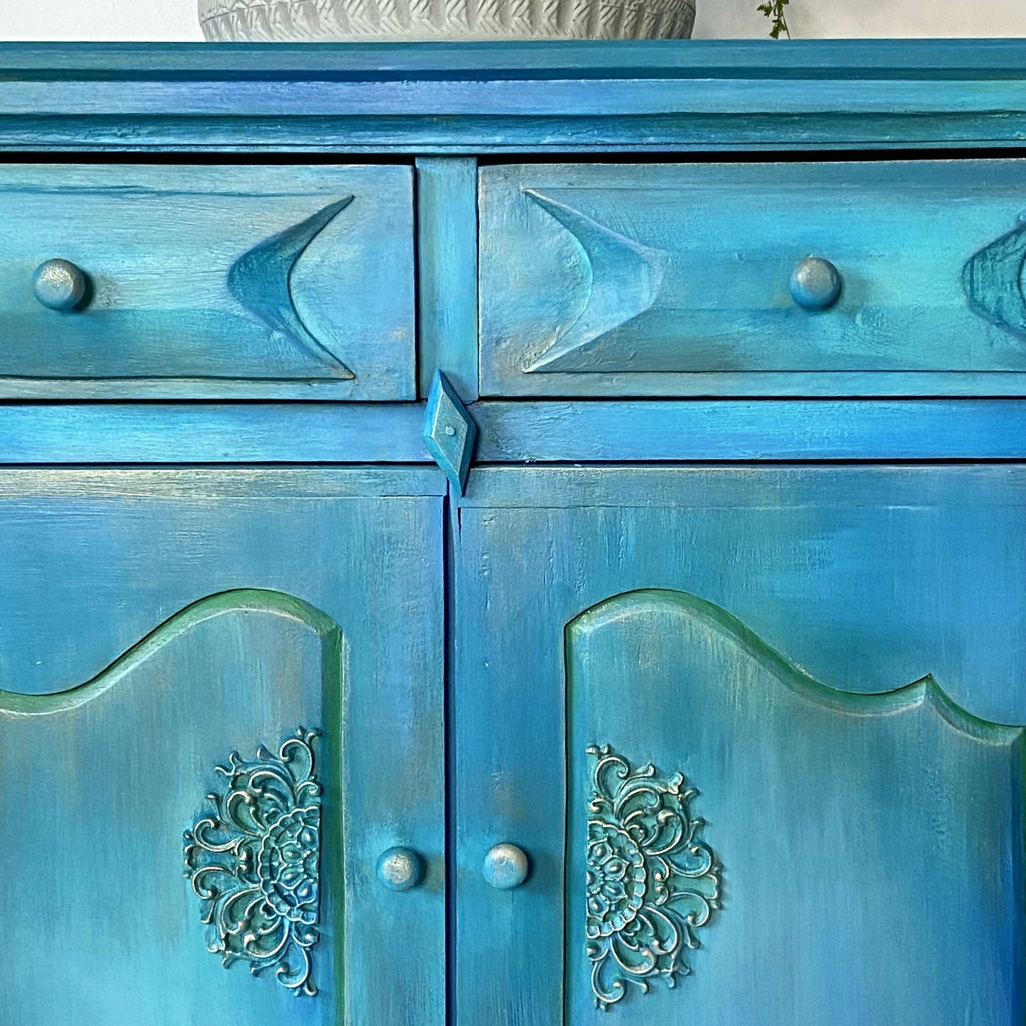 Boho style painted cupboard, turquoise blends