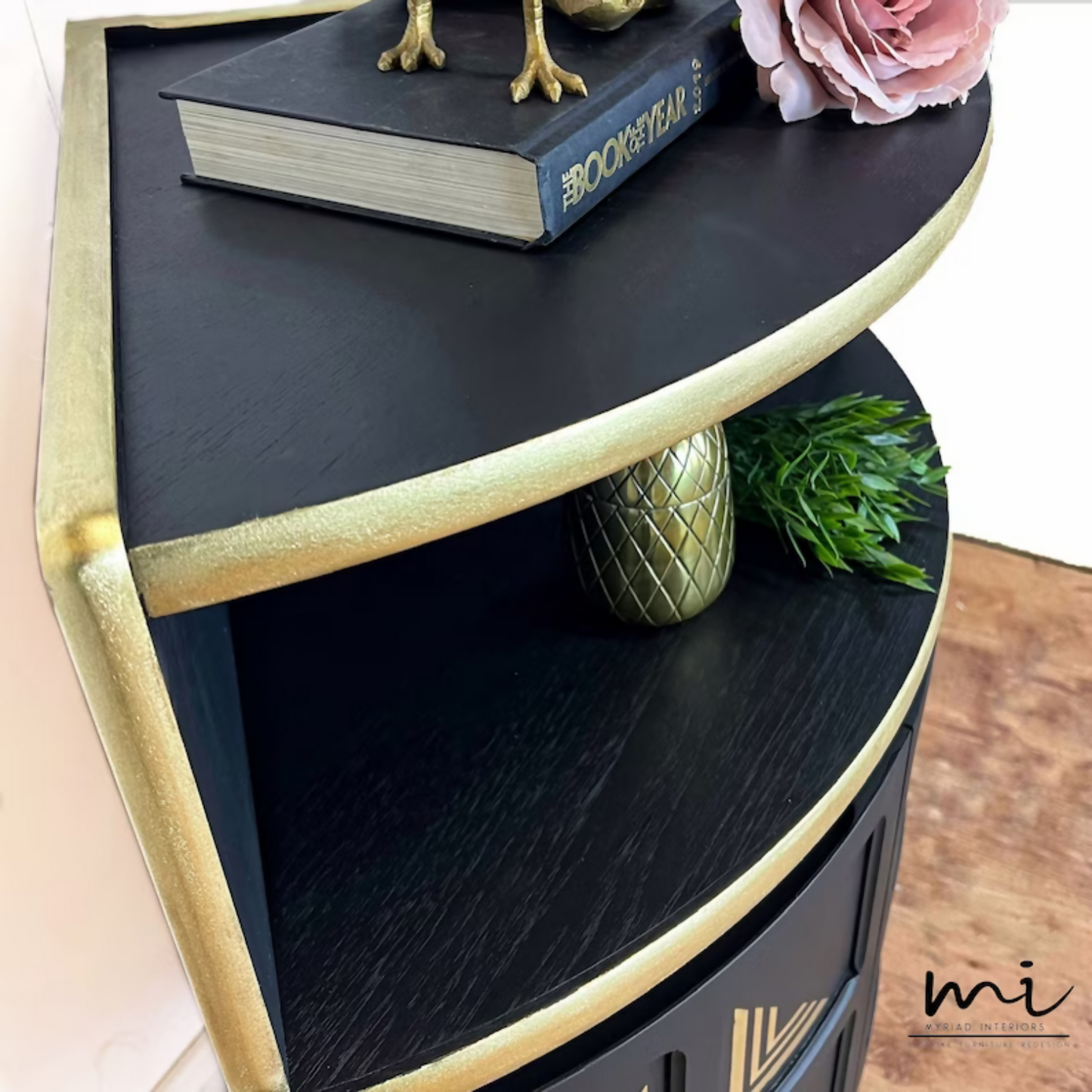 Refurbished Nathan corner cabinet, drinks cabinet, cocktail bar, retro, art deco, black and gold, teak, console, sideboard, upcycled