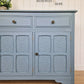 Dusky Blue Antique Panelled Oak Sideboard, with raised pattern detail.