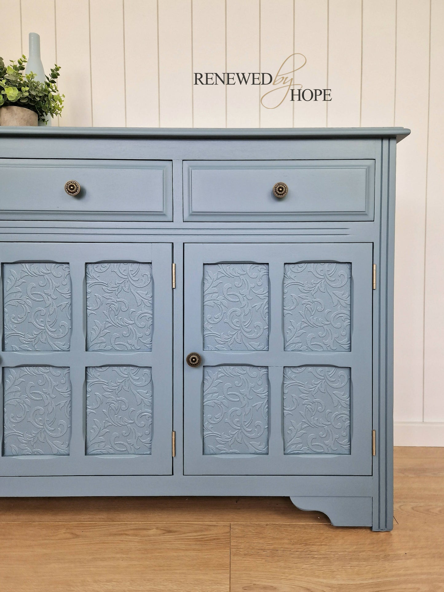 Dusky Blue Antique Panelled Oak Sideboard, with raised pattern detail.