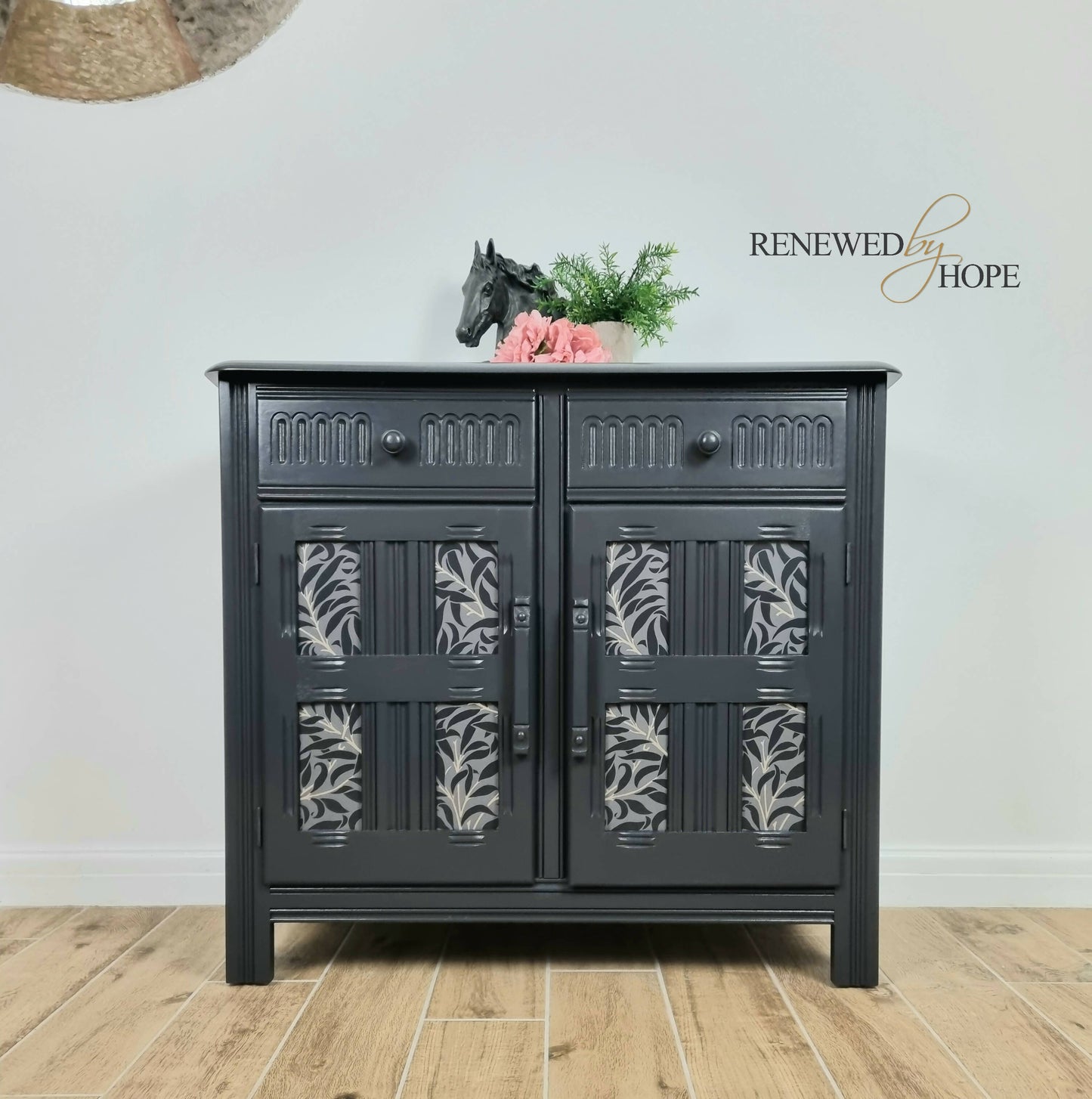 Off Black Sideboard, Decoupaged with Morris paper, Priory Sideboard, Storage MADE TO ORDER