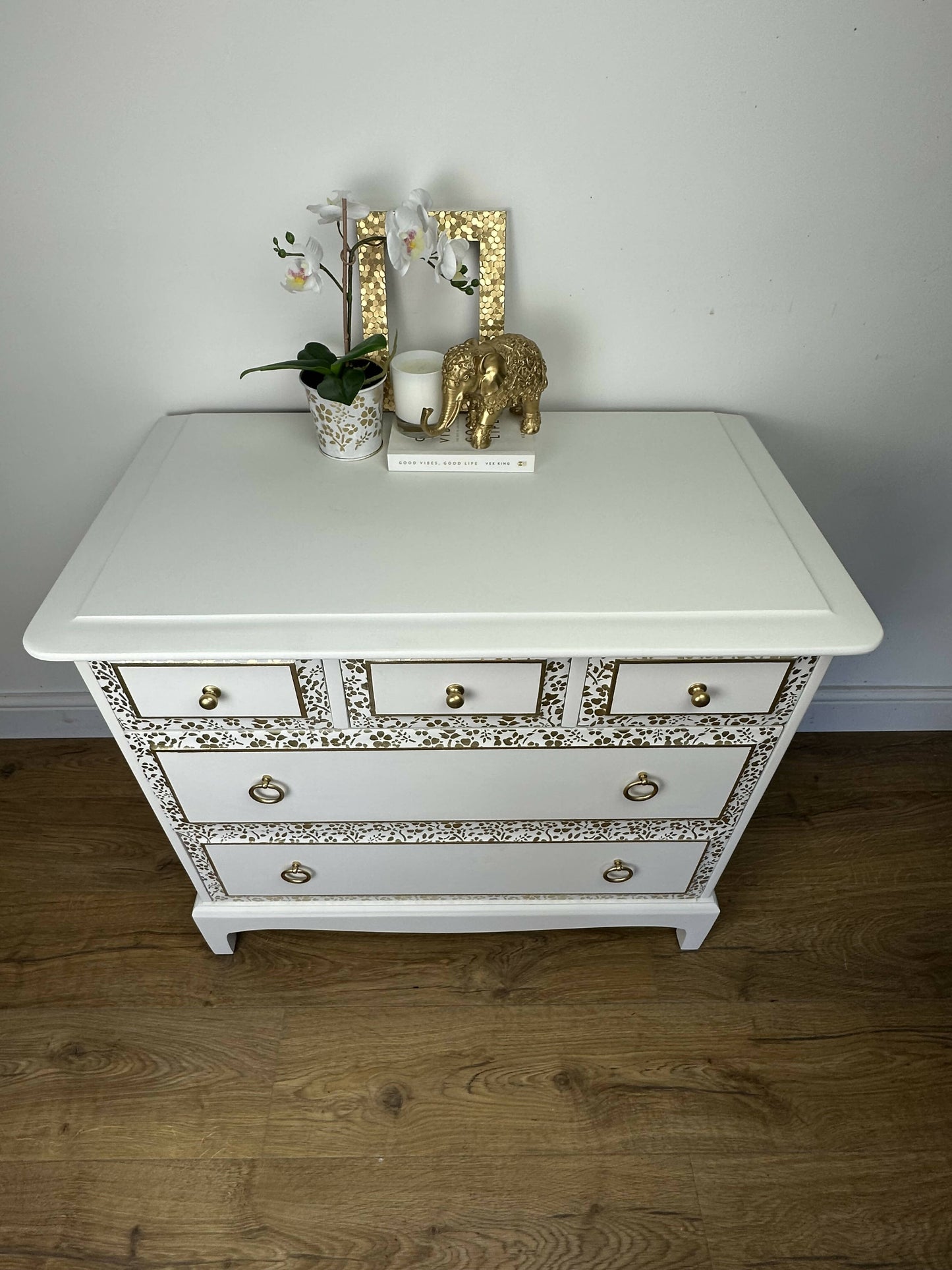 Stag mid century Chest of Drawers White and Gold