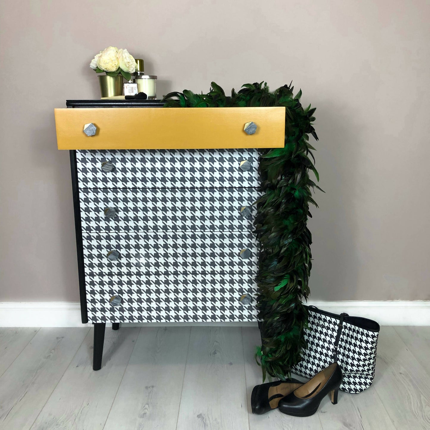 Retro Mid Century Chest of 5 drawers, Hand painted in black satin with Dogtooth pattern decoupage